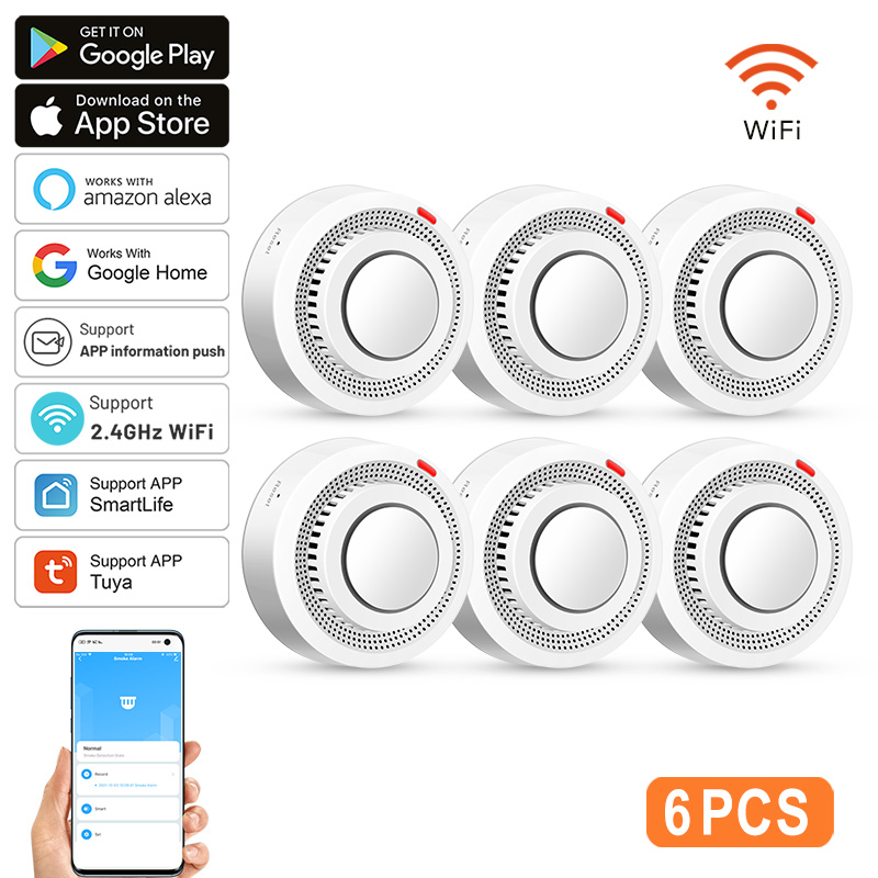 Smoke Detector Interconnected - 6Pack Tuya WiFi Smart Smoke Sensor